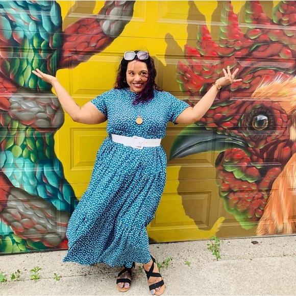 1x Blue Maxi dress short sleeves with white flowers - Picture 4 of 4